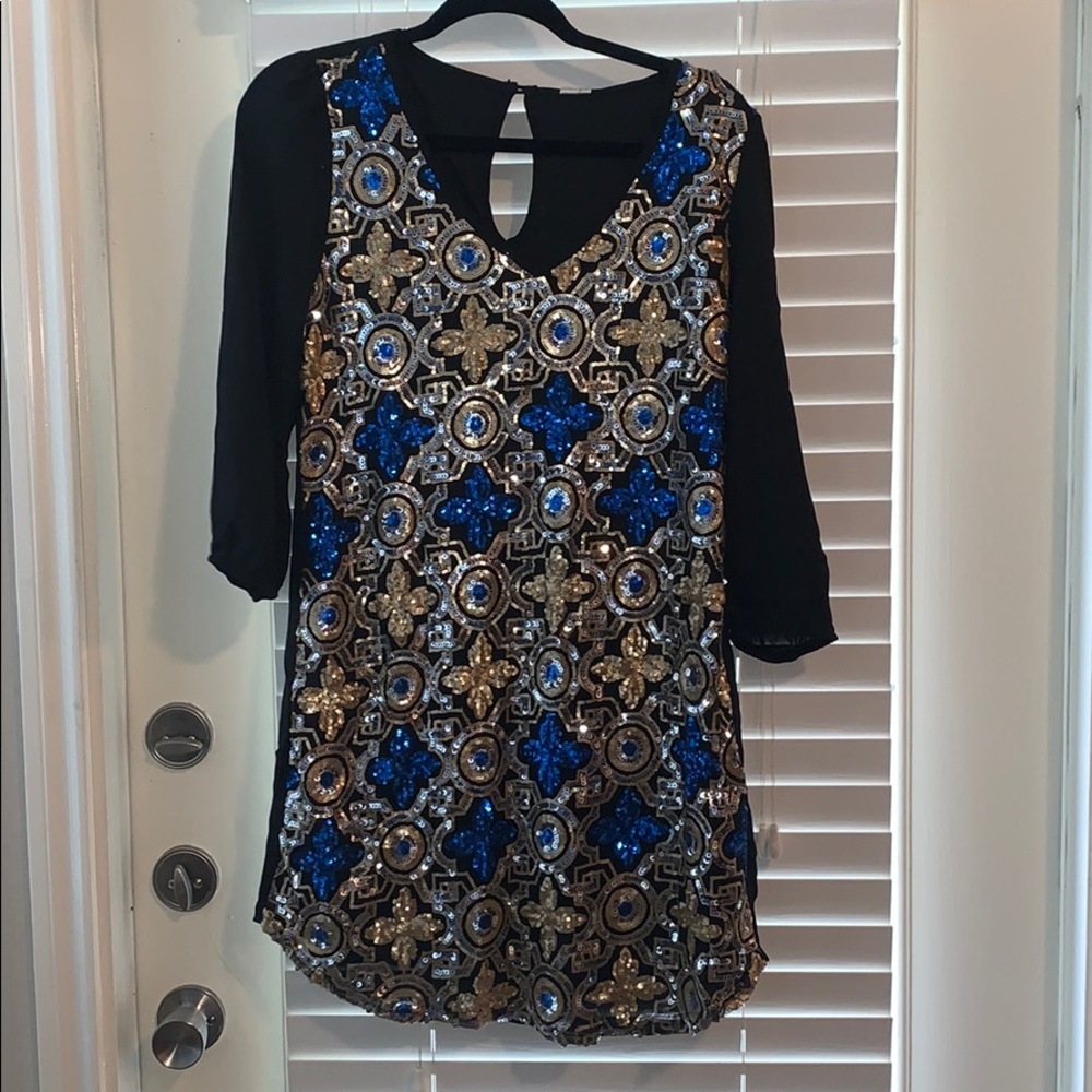Gold, blue and black sequin dress